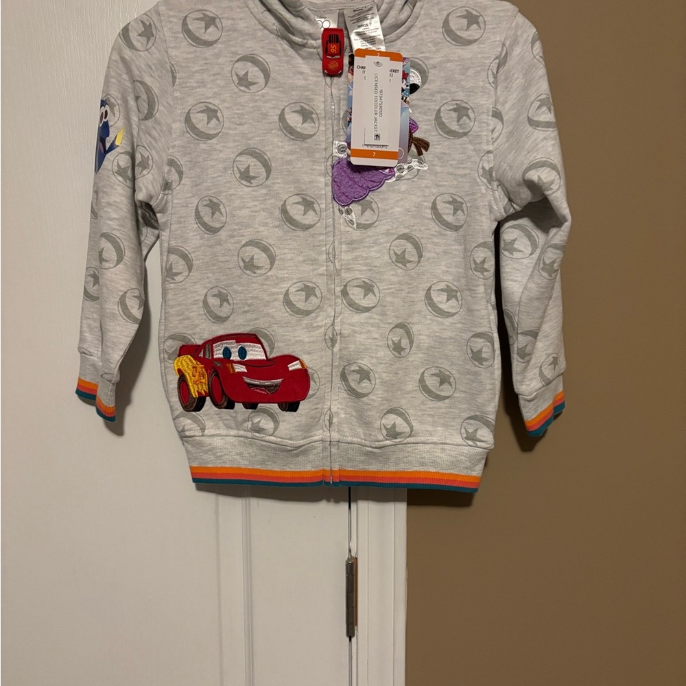 Disney Light Gray Kids Zip-Up Hoodie with Colorful Character Appliqués Unisex 7 - Picture 3 of 7